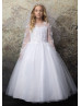 Long Sleeves Beaded Lace Tulle Tea Length Flower Girl Dress